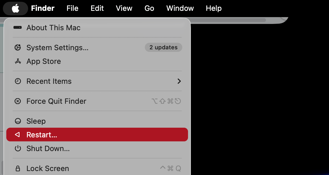 Restarting your Mac may help when you're struggling to delete the Grammarly app. Click the Apple icon in the top left of your screen, then select 'Restart'.