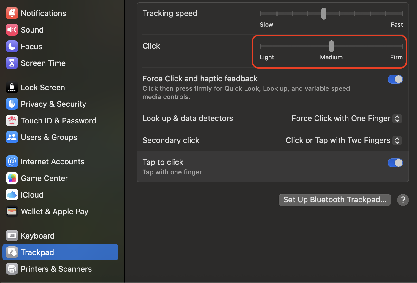 Adjust the Click Pressure slider in Trackpad settings to choose a lighter or firmer click response, improving comfort and control when performing left-click actions on a Mac.