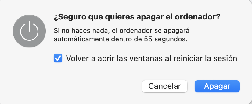 El mensaje de apagado en macOS Monterey muestra la opción de confirmar el apagado. Haz clic en el botón Apagar para continuar.