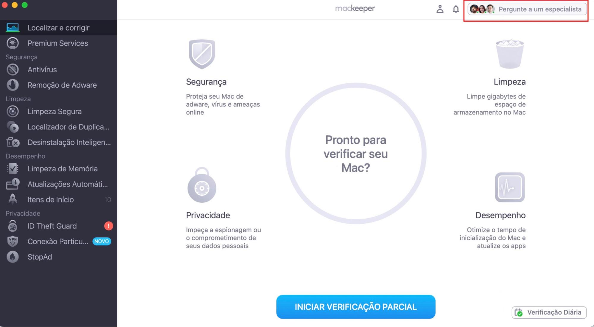 Se você já tentou de tudo e ainda está com problemas de kernel panic, obter suporte profissional pode ajudar a identificar a causa do problema. Por exemplo, a equipe de Suporte 24/7 do MacKeeper tem amplo conhecimento em macOS. Selecione “Pergunte a um especialista” no aplicativo para começar.
