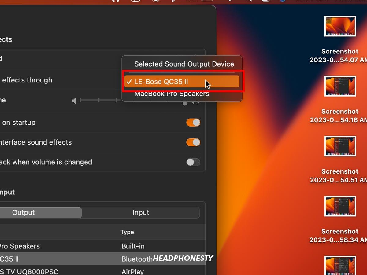 Sound Settings are open on a Mac. Find the Play sound effects through setting and choose your Bose headphones to adjust audio settings on your Mac.