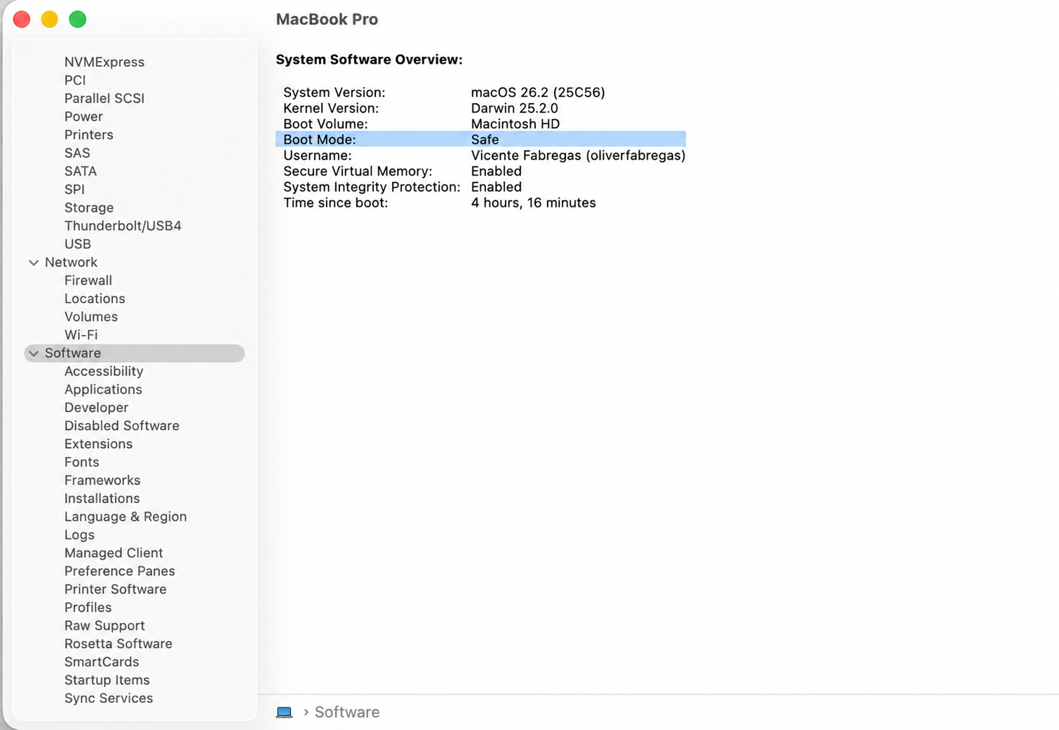 System Information on macOS 26.2 showing Boot Mode set to Safe, used to test whether a third-party item drives ReportCrash high CPU.