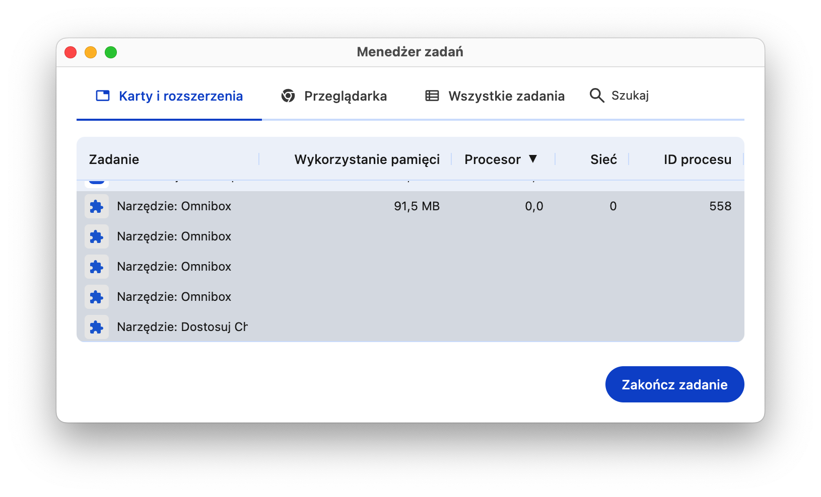 Jeśli posortujesz Menedżera zadań Chrome według CPU, szybko zauważysz rozszerzenia zużywające dużo zasobów. Może to być sygnałem złośliwego oprogramowania.
