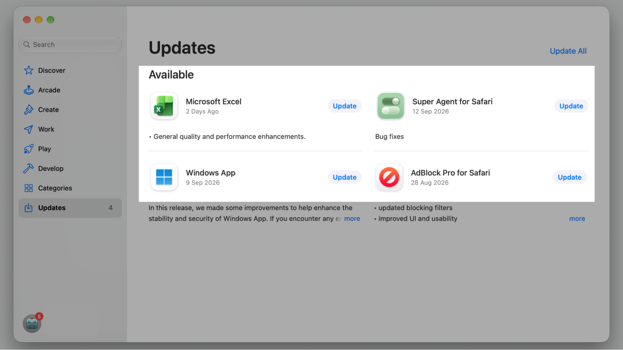 The App Store Updates tab on macOS showing the Update button beside an app that has stopped opening on your Apple computer.