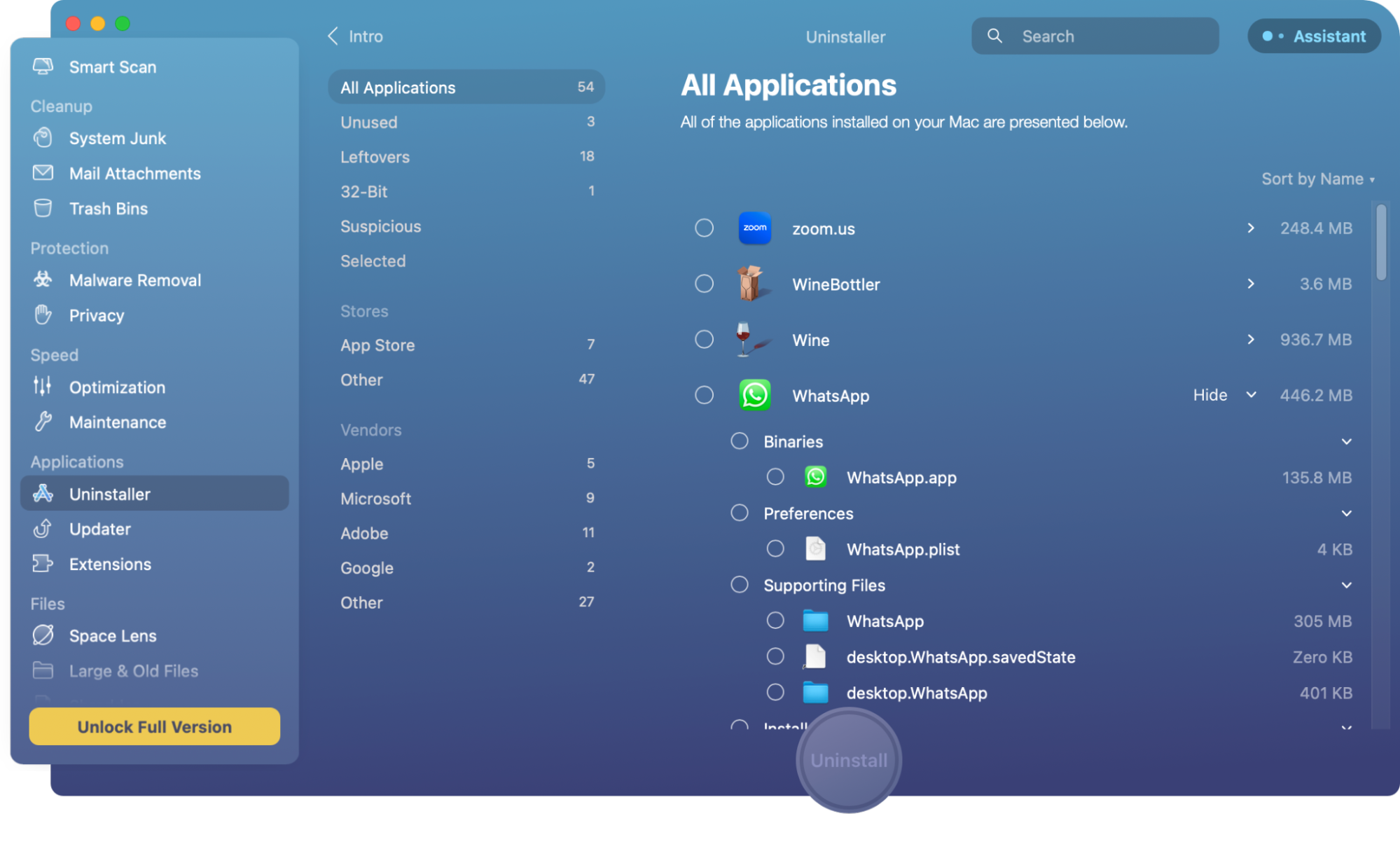 El desinstalador de CleanMyMac X te permite filtrar los resultados de tus análisis, incluso por proveedor y por si se han instalado o no desde la Mac App Store.