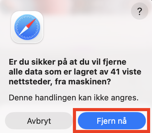 En bekreftelsesdialog for å slette nettstedsdata i Safari på Mac. Du kan bekrefte at du vil fjerne all nettstedsdata for å frigjøre plass på Mac ved å klikke på Fjern nå.