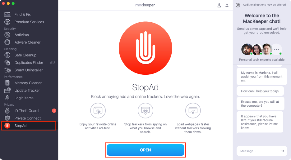 To use MacKeeper’s StopAd on your Mac, launch MacKeeper, select StopAd from the sidebar, then click the Open button.