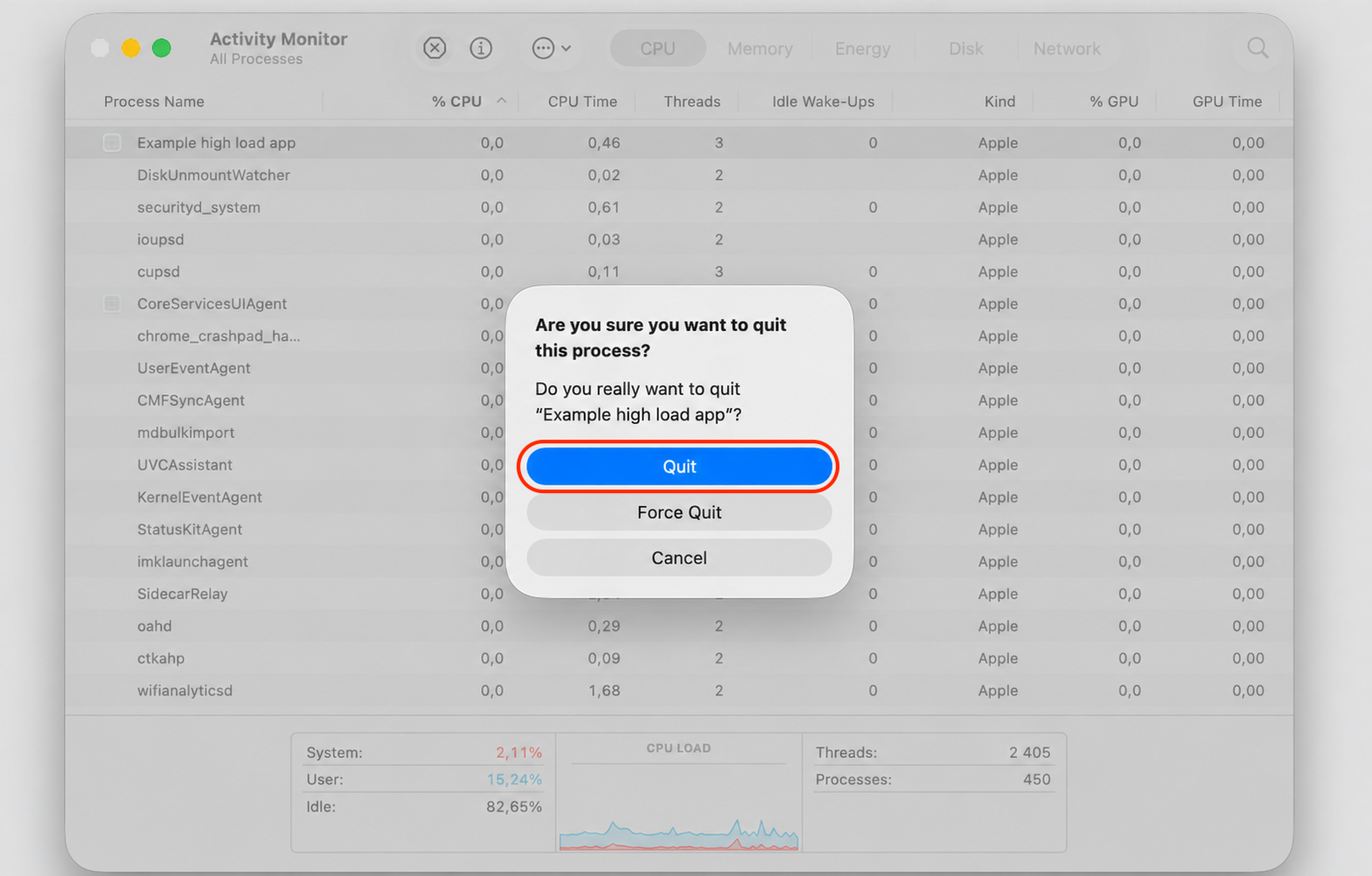 Activity Monitor confirmation dialog on a MacBook with the Quit option chosen to close the process freezing macOS Tahoe file saves.