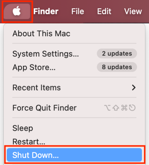 To use macOS Safe Mode on an Apple Silicon-based Mac and fix the diskimagesiod high CPU usage error, go to the Apple icon, then select Shut Down from the dropdown menu.
