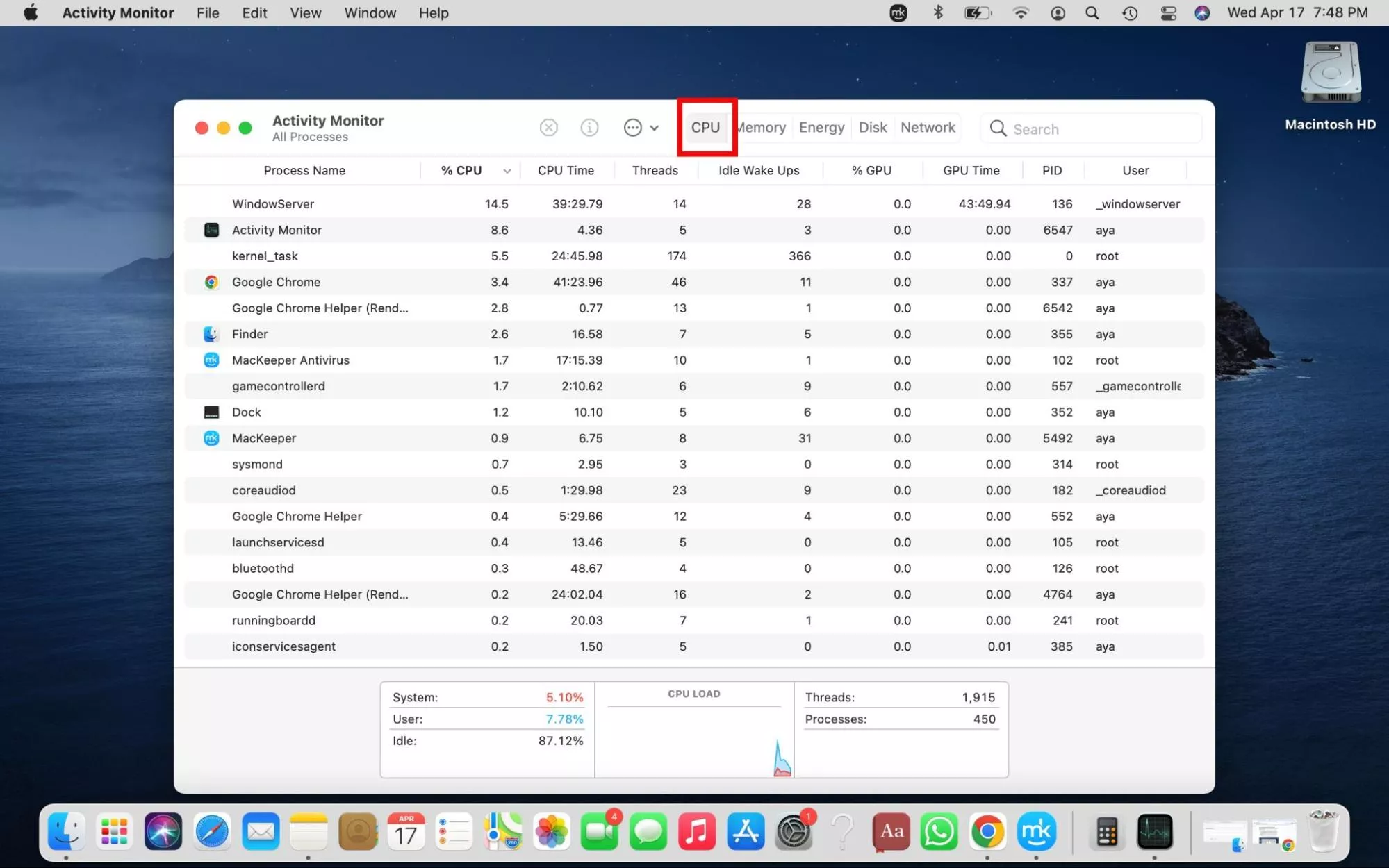 Activity Monitor is opened on a Mac. Click the CPU tab at the top of the window to stop MLTCompilerService’s high CPU consumption on Mac.