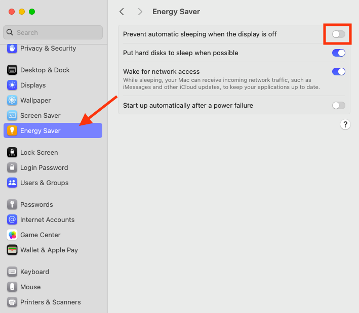 The Energy Saver menu in System Settings on Mac. Enable Prevent automatic sleeping when the display is off to prevent Mac from sleeping on Sequoia when you turn off your monitor.
