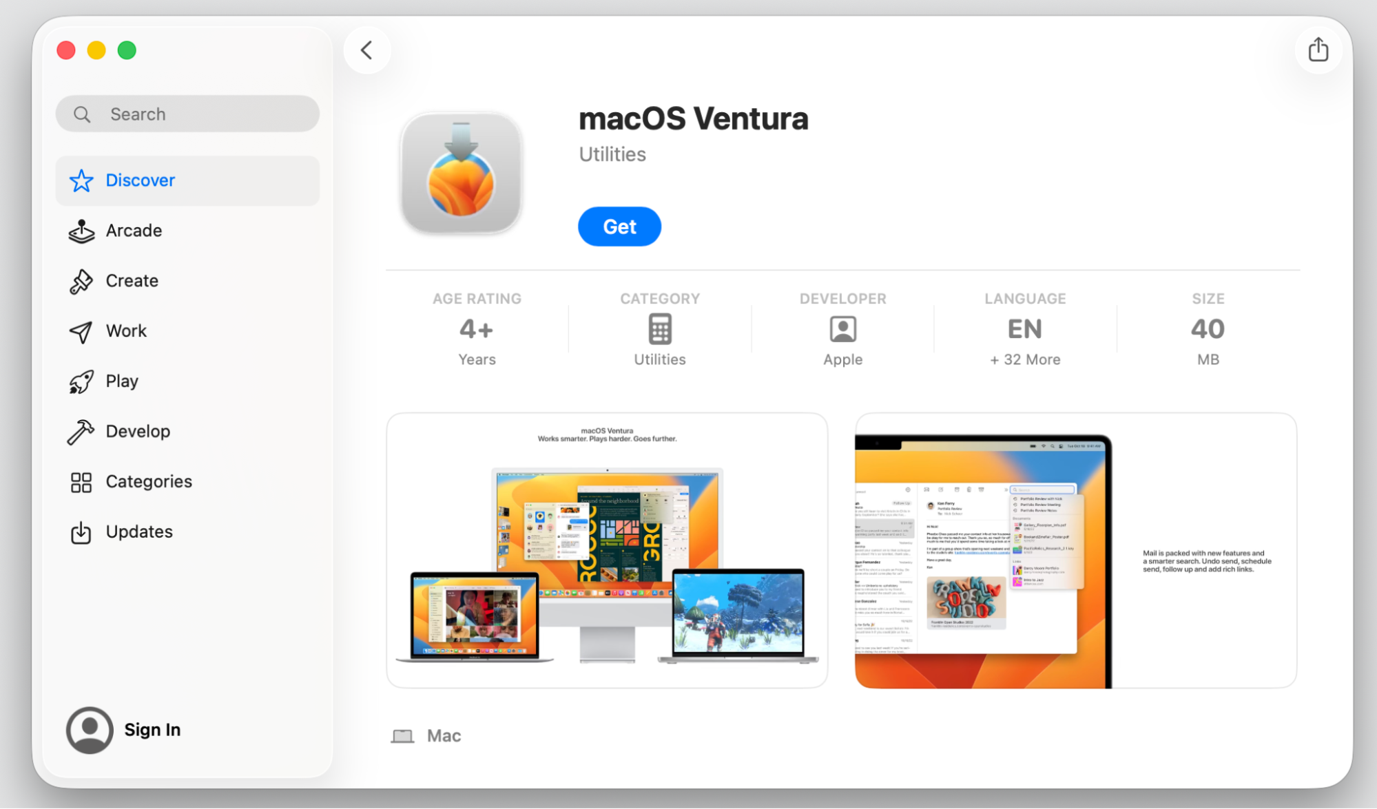Mac App Store page for macOS Ventura on an Apple device, with the blue Get button to download the older macOS installer.