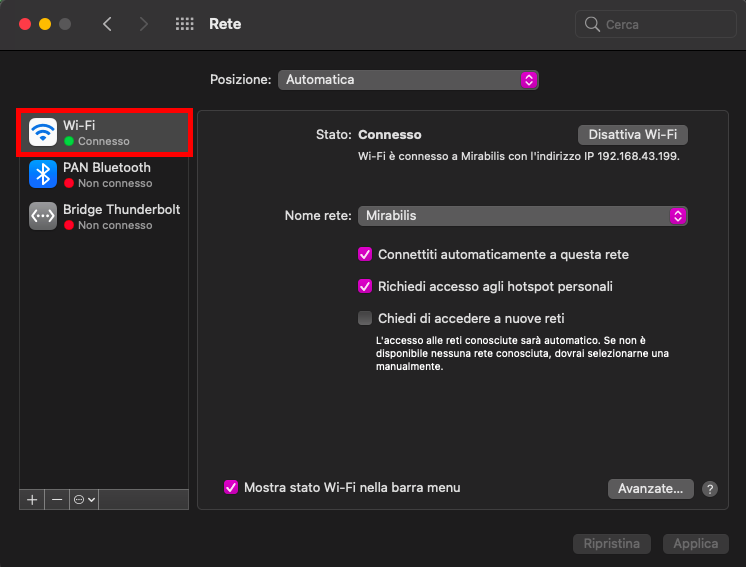 Per disattivare il Wi-Fi, aprire le impostazioni del Wi-Fi. Si può vedere se è attivo o meno controllando se il cerchio è di colore verde o rosso.