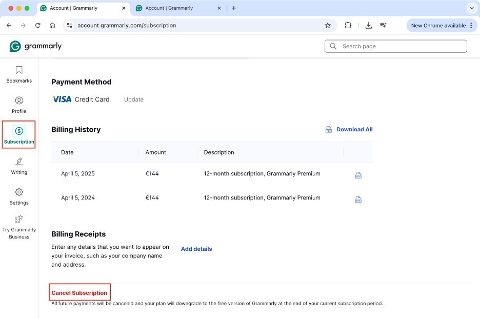 To delete your Grammarly account from your Mac, cancel your subscription first.