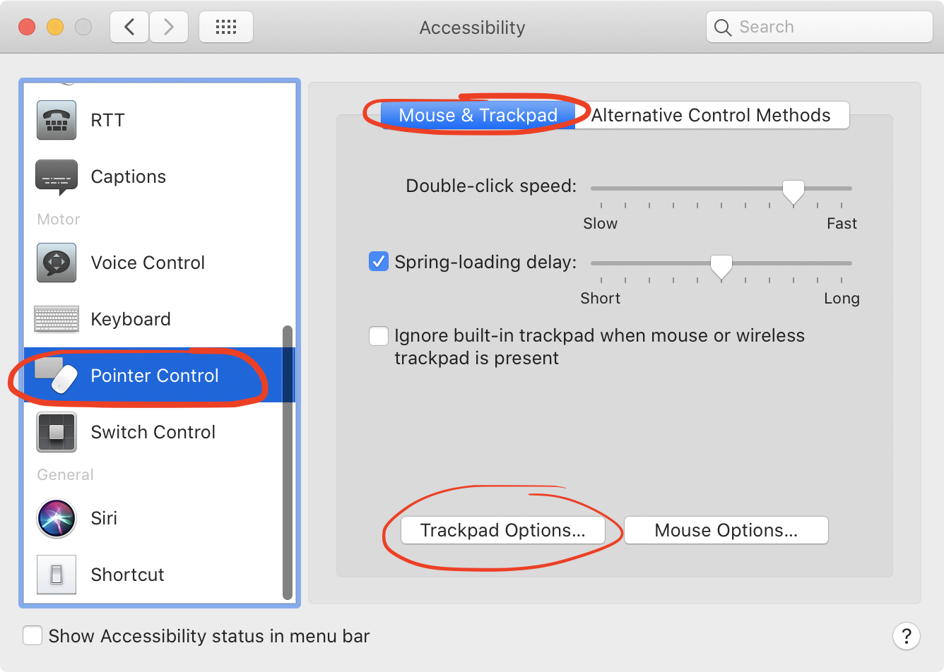 Drag lock settings are open on a Mac. Select Pointer Control and Trackpad Options to enable the drag lock feature on your laptop.
