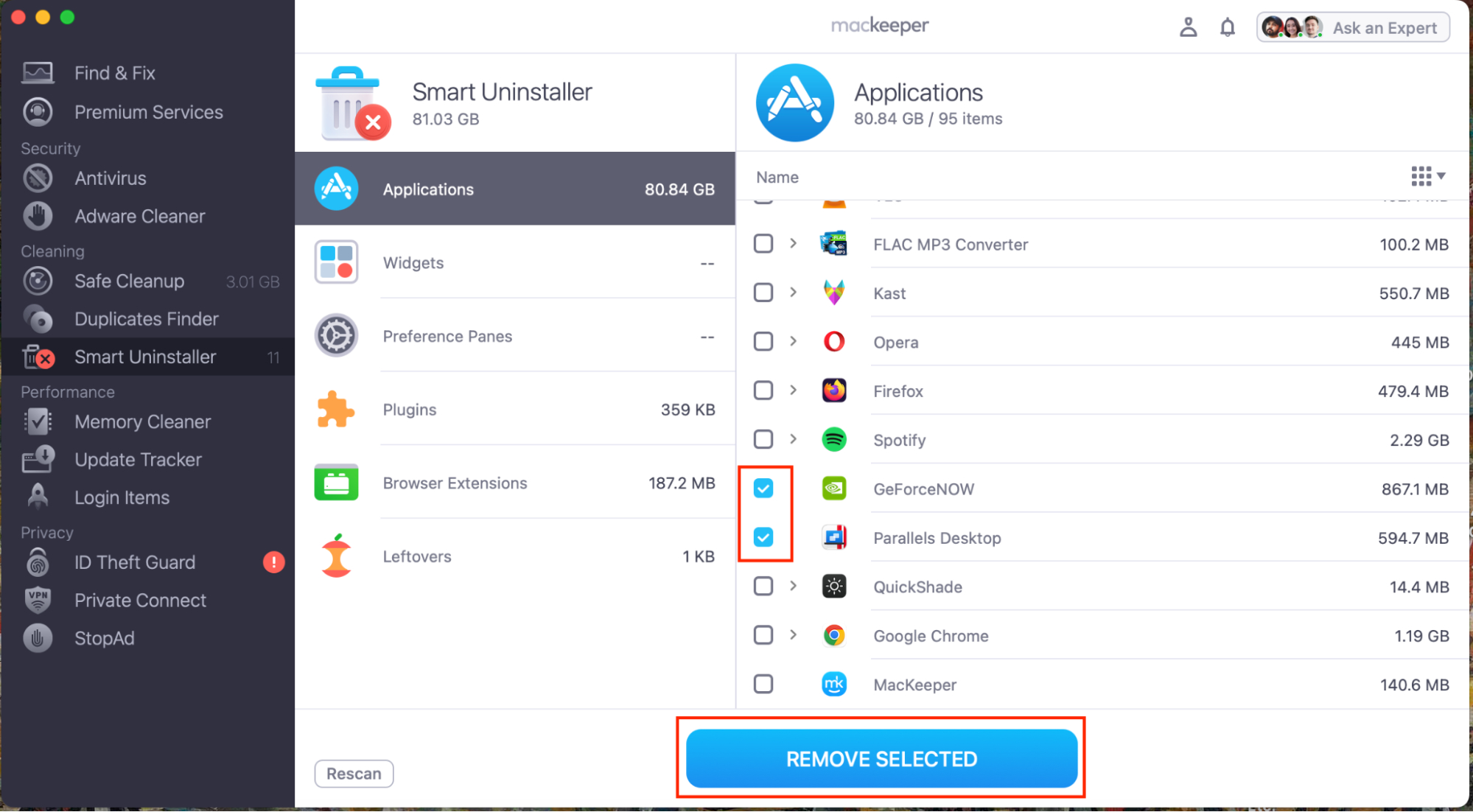 To remove unwanted apps to make space for Genshin Impact on Mac, in MacKeeper, tick the apps you want to uninstall, and then hit Remove Selected.