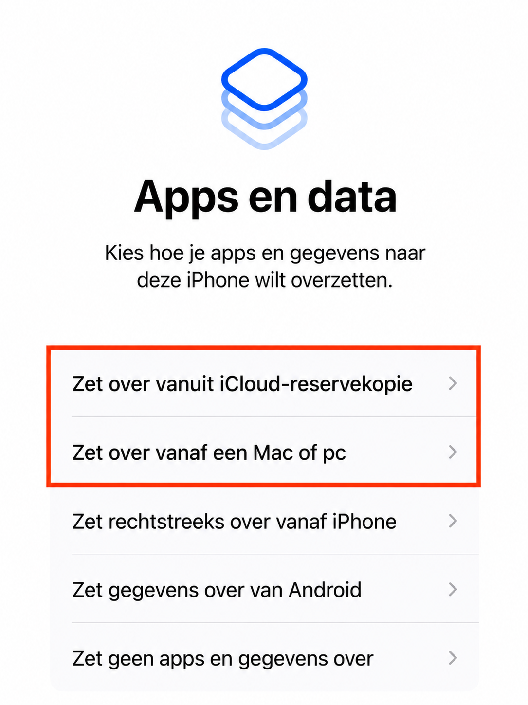 Het installatieproces op iPhone met het scherm Apps en gegevens. Selecteer je voorkeur om je apparaat te herstellen vanaf een eerdere back-up.