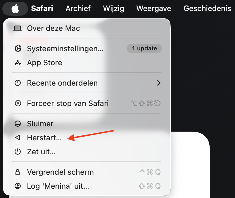 Het Apple-menu op de Mac toont alle systeemopties. Klik op ‘Herstart’ om je Mac opnieuw op te starten.
