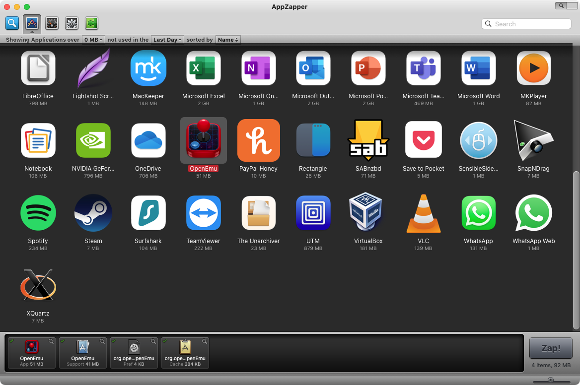 O AppZapper permite remover aplicativos, widgets, painéis de preferências e plugins. Basta selecionar o que deseja excluir e clicar no botão Zap!.