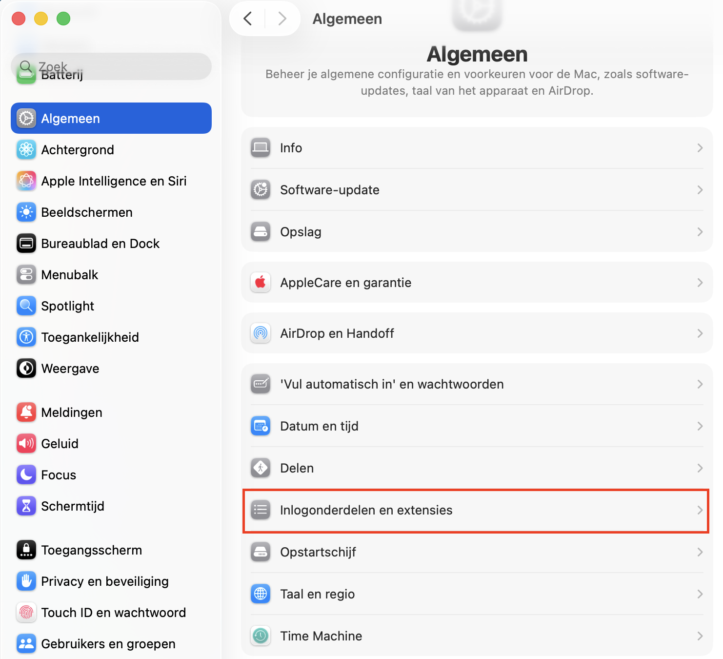 Om de Inlogitems van je Mac te vinden, open je Systeeminstellingen, scroll naar beneden en selecteer Inlogitems in de lijst aan de rechterkant.