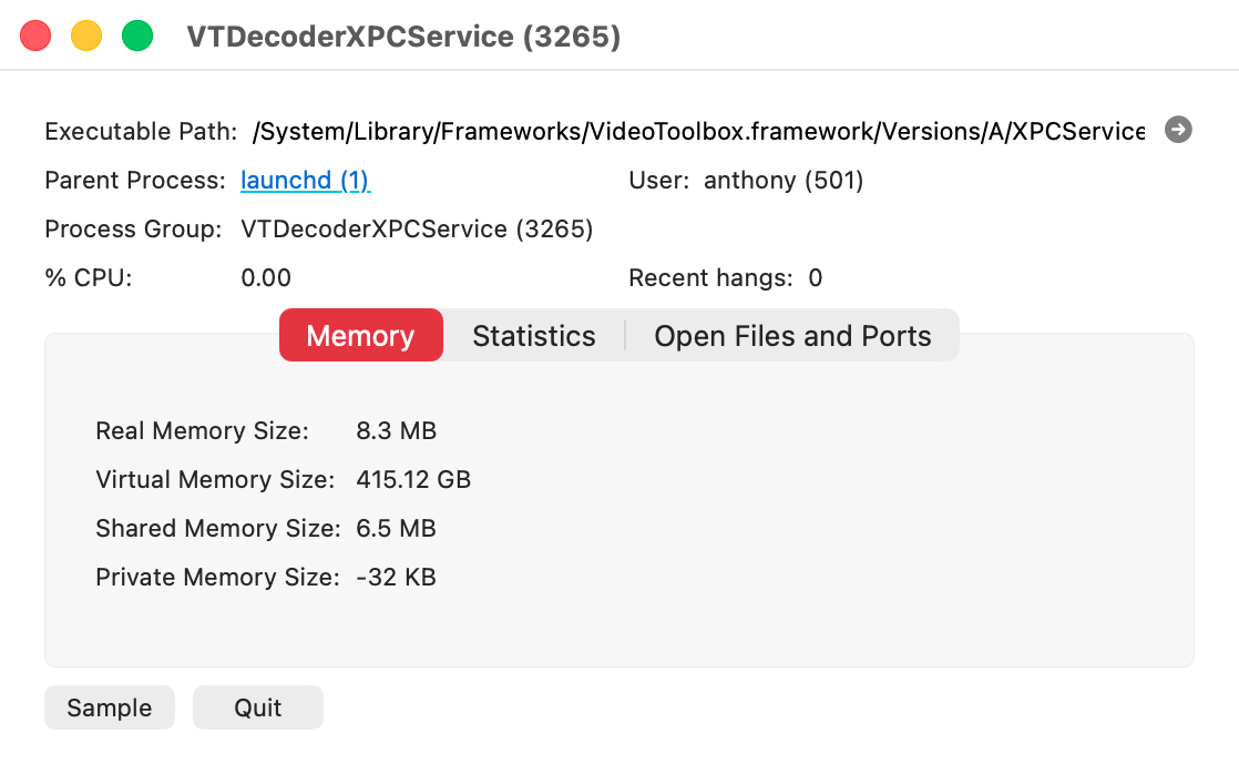 Activity Monitor will show you some information about VTDecoderXPCService, including how much RAM it's currently using. Click the 'Quit' button now.
