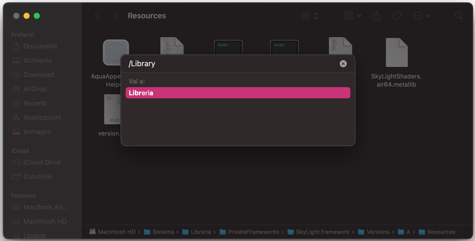Nella casella di testo inserisci il percorso /Library e premi Invio: si aprirà la Libreria, dove puoi controllare manualmente file e cartelle alla ricerca di eventuali keylogger o malware.