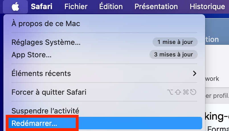 Vous devrez peut-être redémarrer votre Mac pour rétablir le bon fonctionnement de Chrome. Cliquez sur le logo Apple et sélectionnez Redémarrer.
