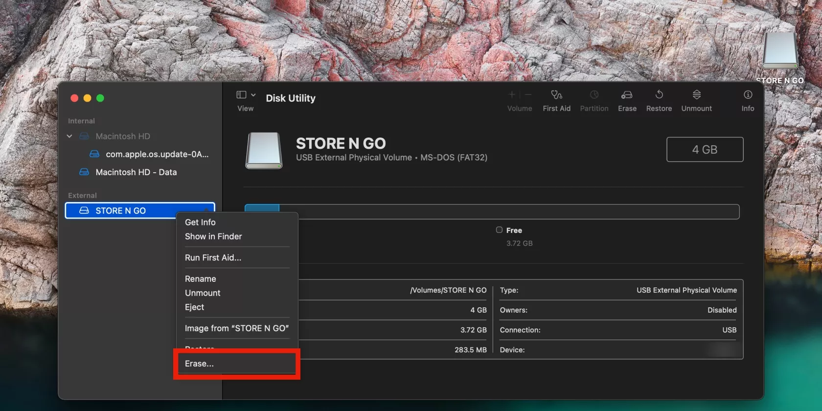 Disk utility is opened on a MacBook. Right-click on the disk and click Erase to reformat it when it’s not readable by your computer.