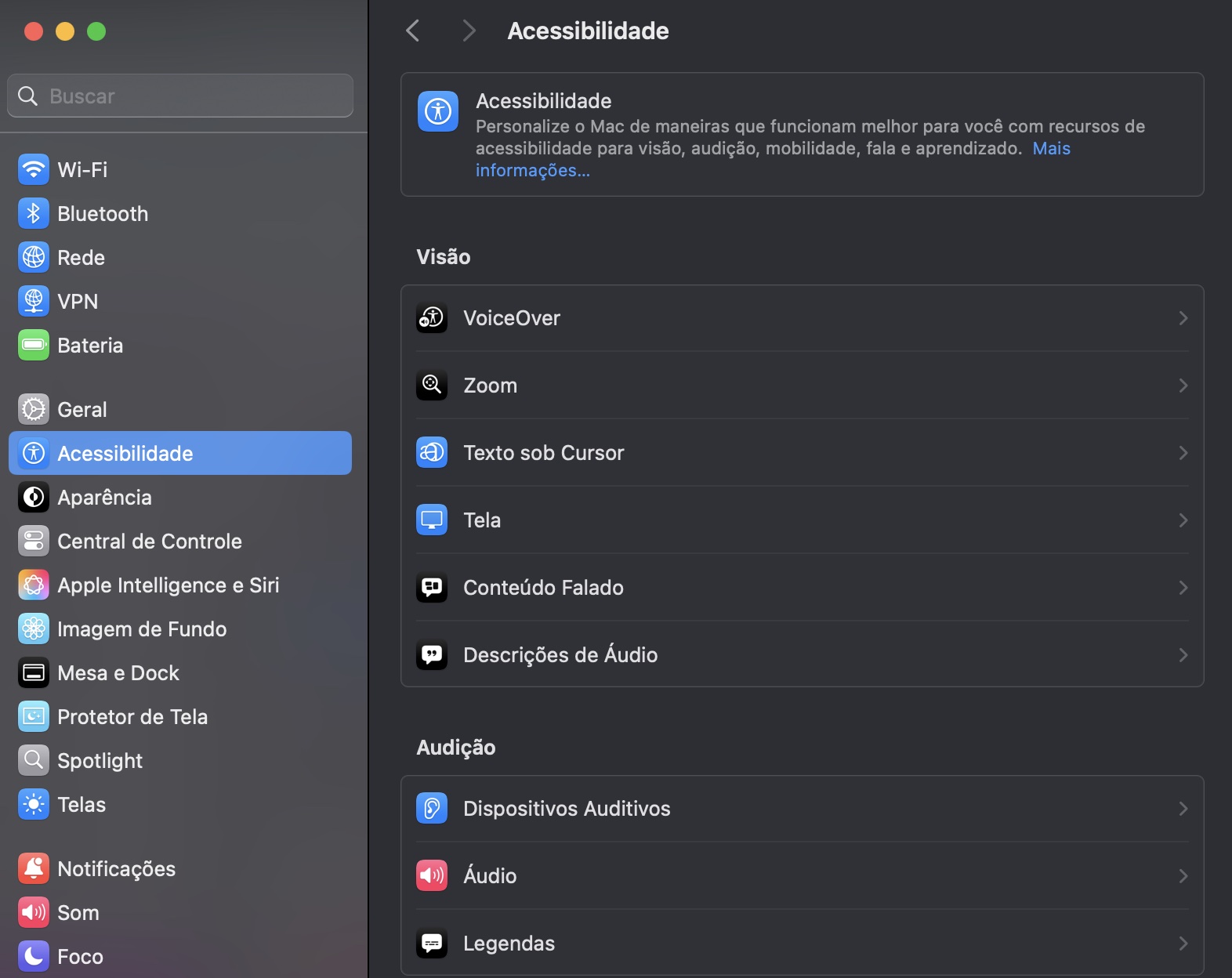 Depois de abrir os Ajustes, clique em Acessibilidade e, em seguida, em Tela para ver suas opções de reduzir ou desativar efeitos visuais pesados.