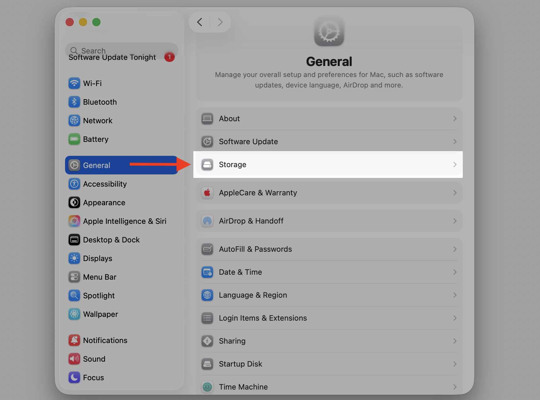System Settings General tab on an iMac with Storage selected to review disk usage that can affect installd high CPU on macOS.