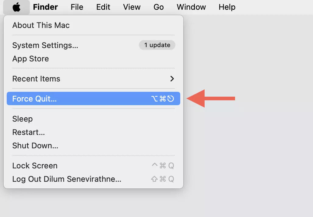 Apple menu screenshot that demonstrates how to access the Force Quit Applications dialog on a Mac during WindowServer high memory usage troubleshooting.