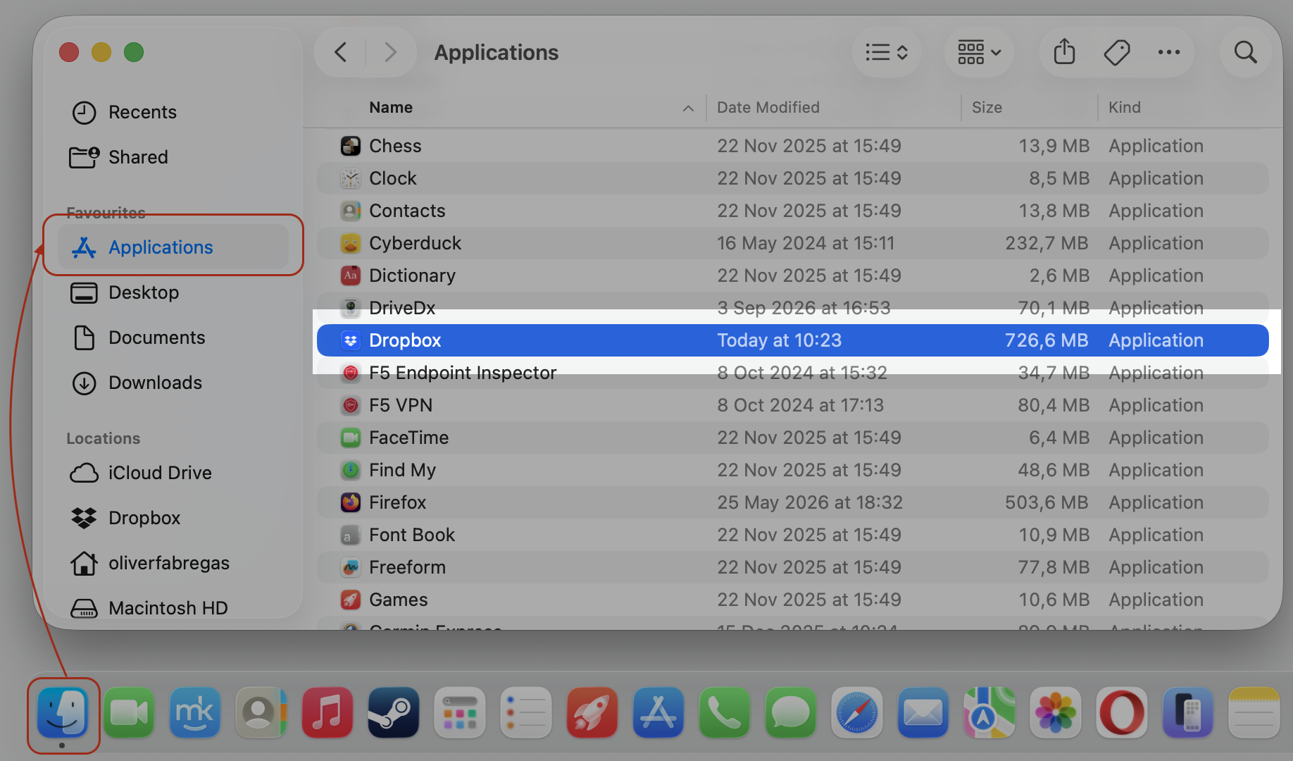 Finder Applications window on an Apple computer with the Dropbox app highlighted, ready to be moved to the Trash for reinstalling.