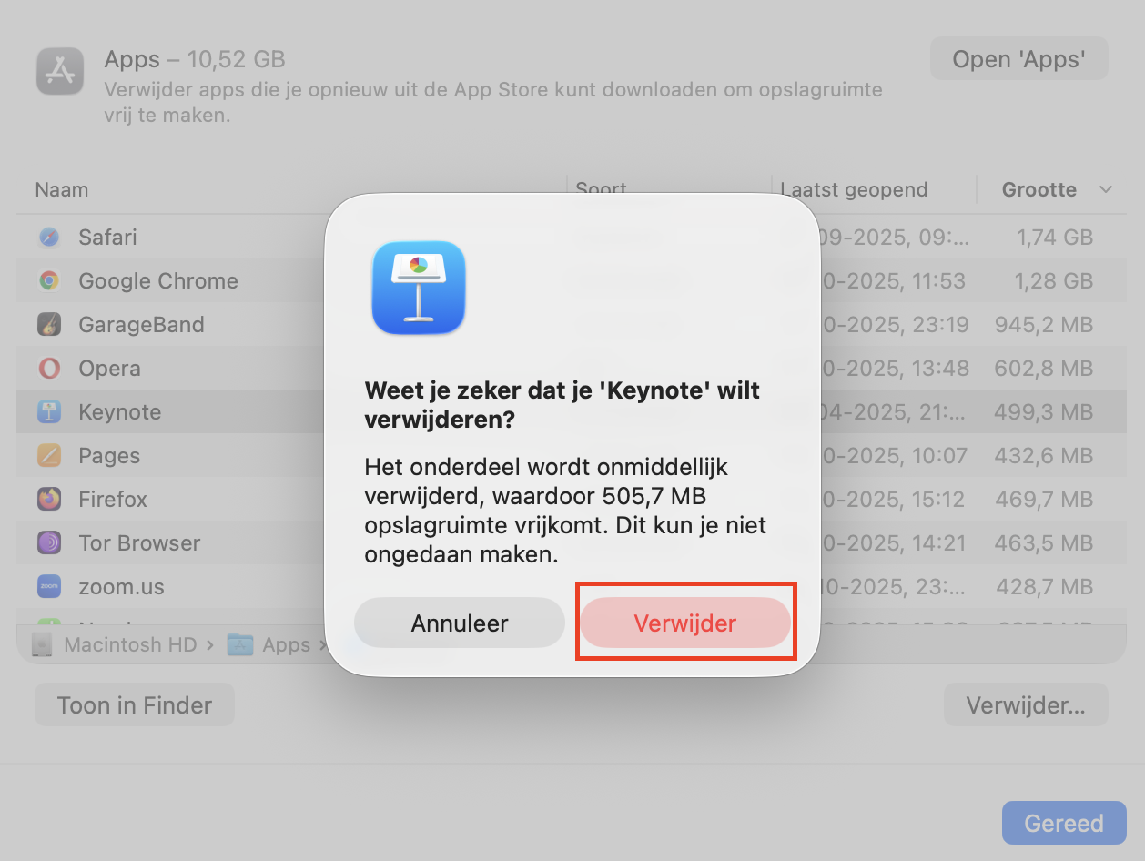 Een bevestigingsvenster dat verschijnt nadat je hebt gekozen om een app te verwijderen in Systeeminstellingen op de Mac. Klik op ‘Verwijder’ om door te gaan en ruimte vrij te maken op je Mac.