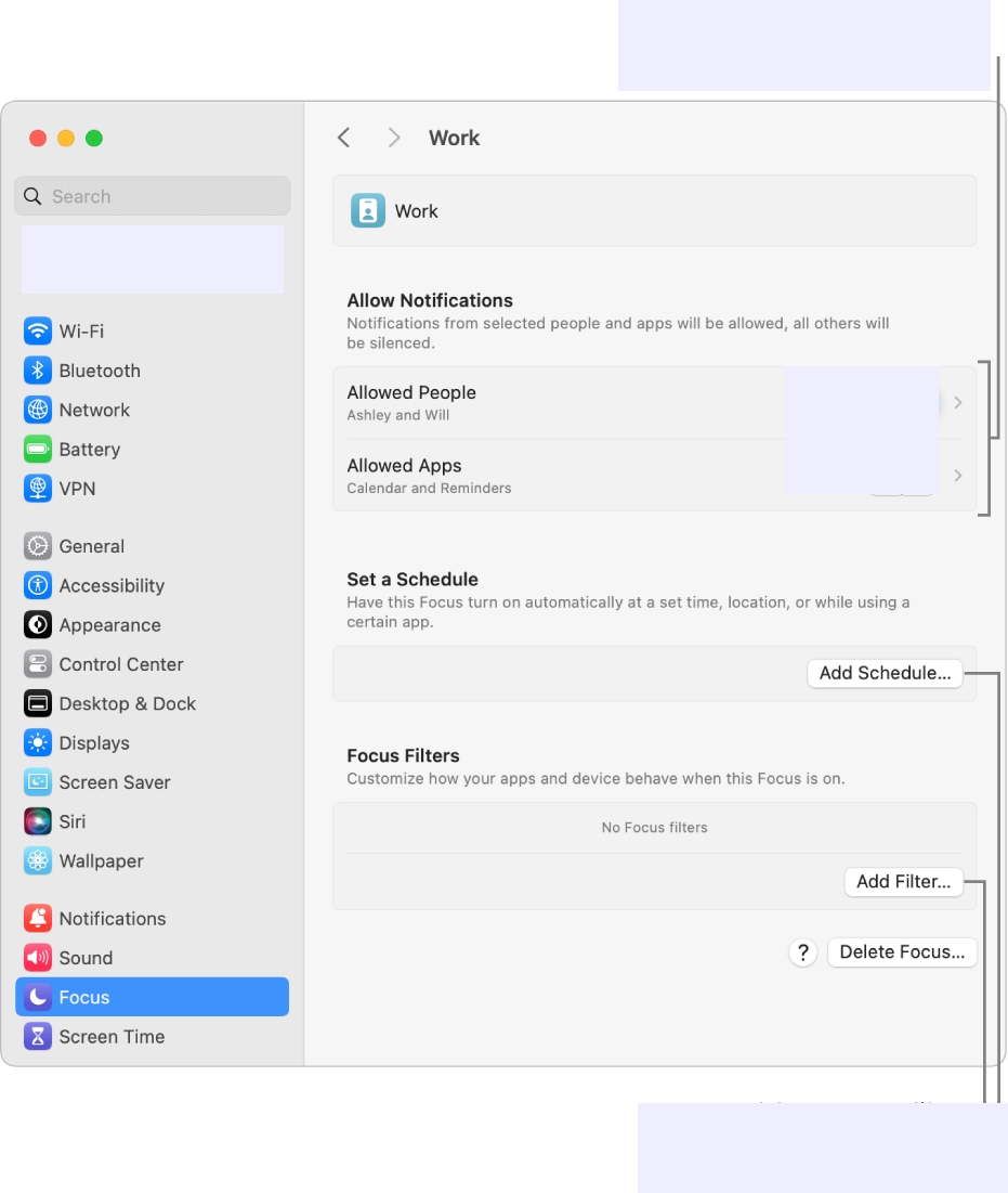 Focus settings are opened in System Preferences on a Mac device. Set a schedule in Focus to enable Do Not Disturb on a Mac.