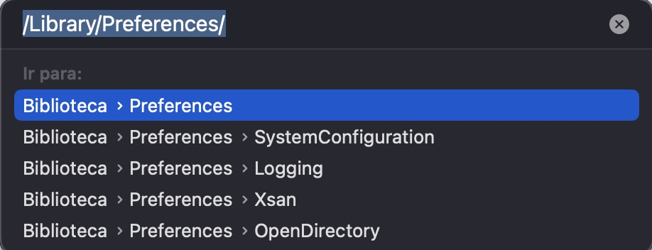 Para excluir suas preferências de Bluetooth, você também pode ir em Finder > Ir > Ir para Pasta na barra de menus e digitar /Library/Preferences/