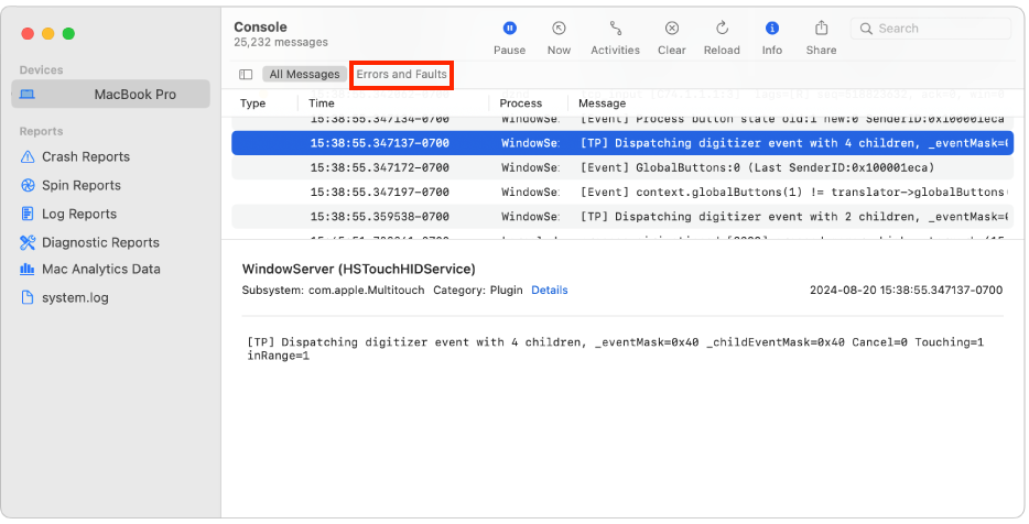 To resolve the AppSSOAgent CPU error on your Mac, go to the Errors and Faults tab, then look for any error logs in Console.