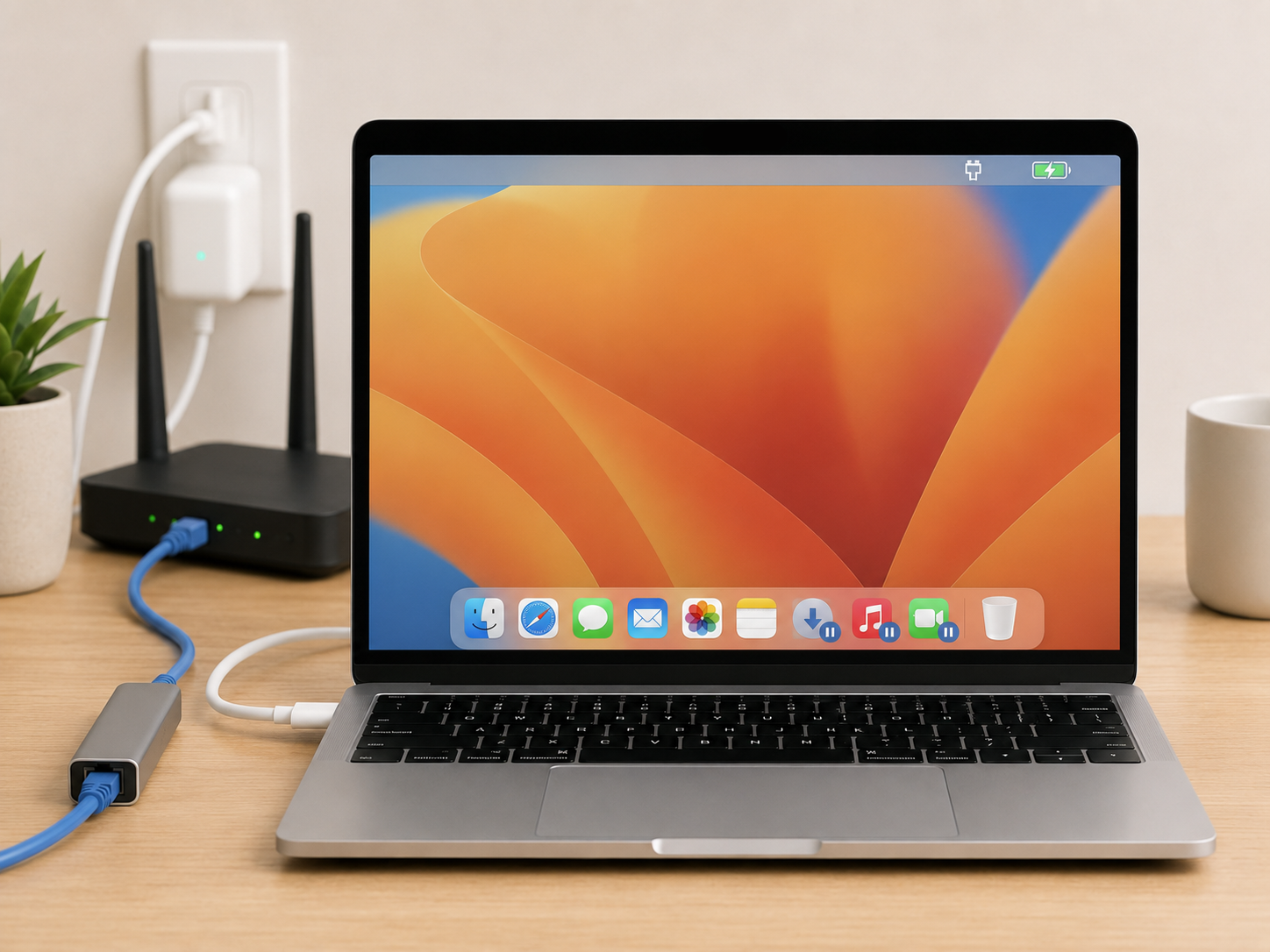 MacBook running macOS Ventura connected to a router by wired Ethernet and to power, the setup step before reinstalling macOS.