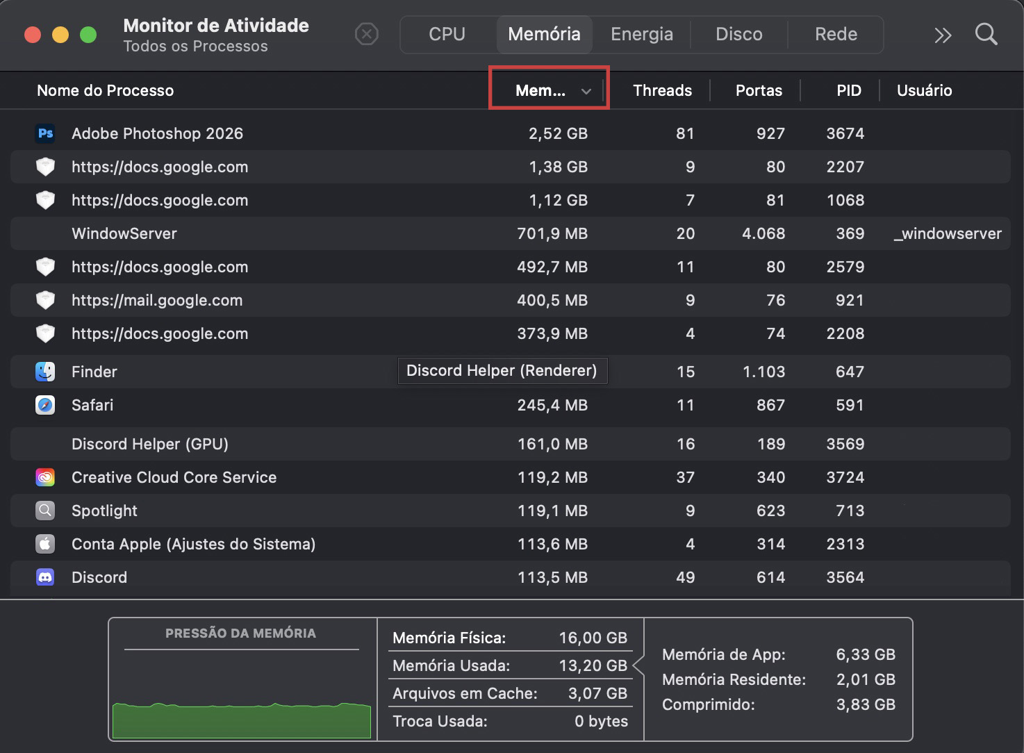 Vá para Monitor de Atividade > Memória para ver todos os programas e processos que mais consomem o desempenho do seu dispositivo. Toque na coluna Memória para alterar a ordem e colocar os principais no topo.