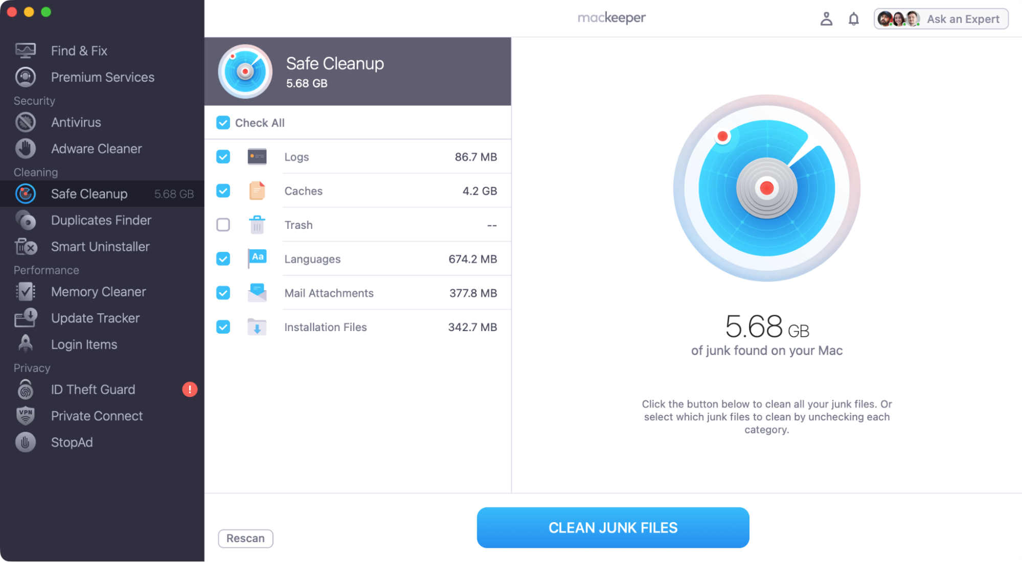 After scanning your Mac with MacKeeper's Safe Cleanup tool, select what you'd like to remove from your computer, then click the 'Clean Junk Files' button.