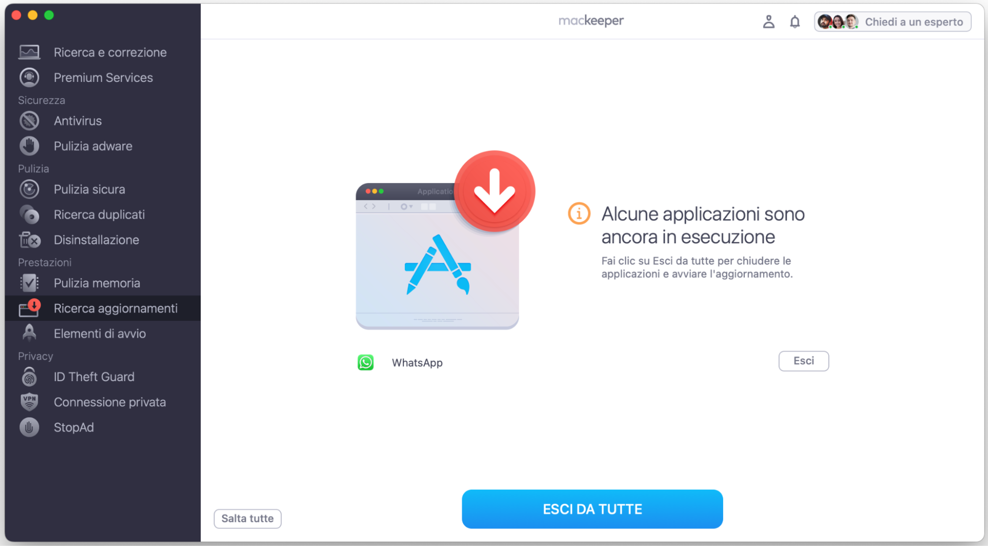 Se una delle applicazioni che stai cercando di aggiornare è attualmente in esecuzione, dovrai chiuderla prima. Update Tracker di MacKeeper può farlo al posto tuo.