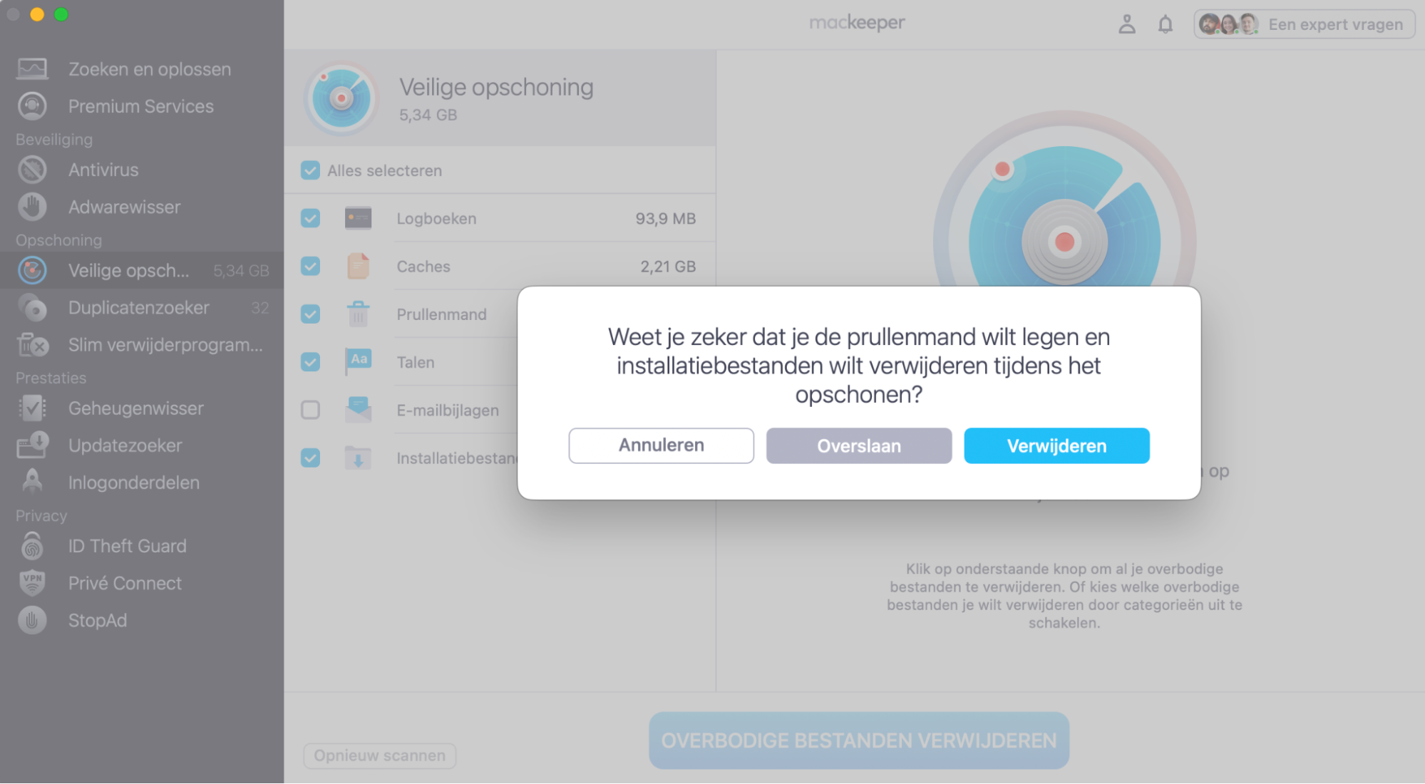 Vink alles aan wat je wilt dat MacKeeper Veilige opschoning verwijdert en klik daarna op ‘Verwijder junkbestanden’. Klik vervolgens op ‘Verwijderen’ om het proces af te ronden.