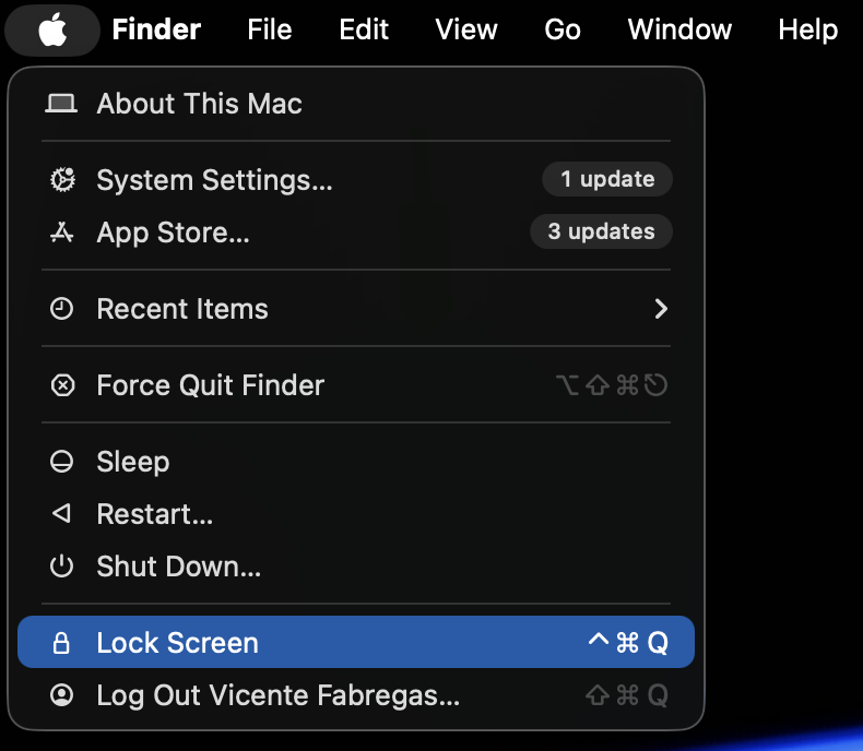 Apple menu opened in the top-left corner of macOS Sonoma on a MacBook with the Lock Screen option highlighted to switch users on Mac.