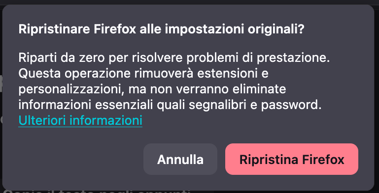 Una finestra di dialogo in Firefox su Mac, che chiede di ripristinare Firefox. Come reimpostare Firefox, un passaggio nella guida su come bloccare i falsi pop-up McAfee su Mac.