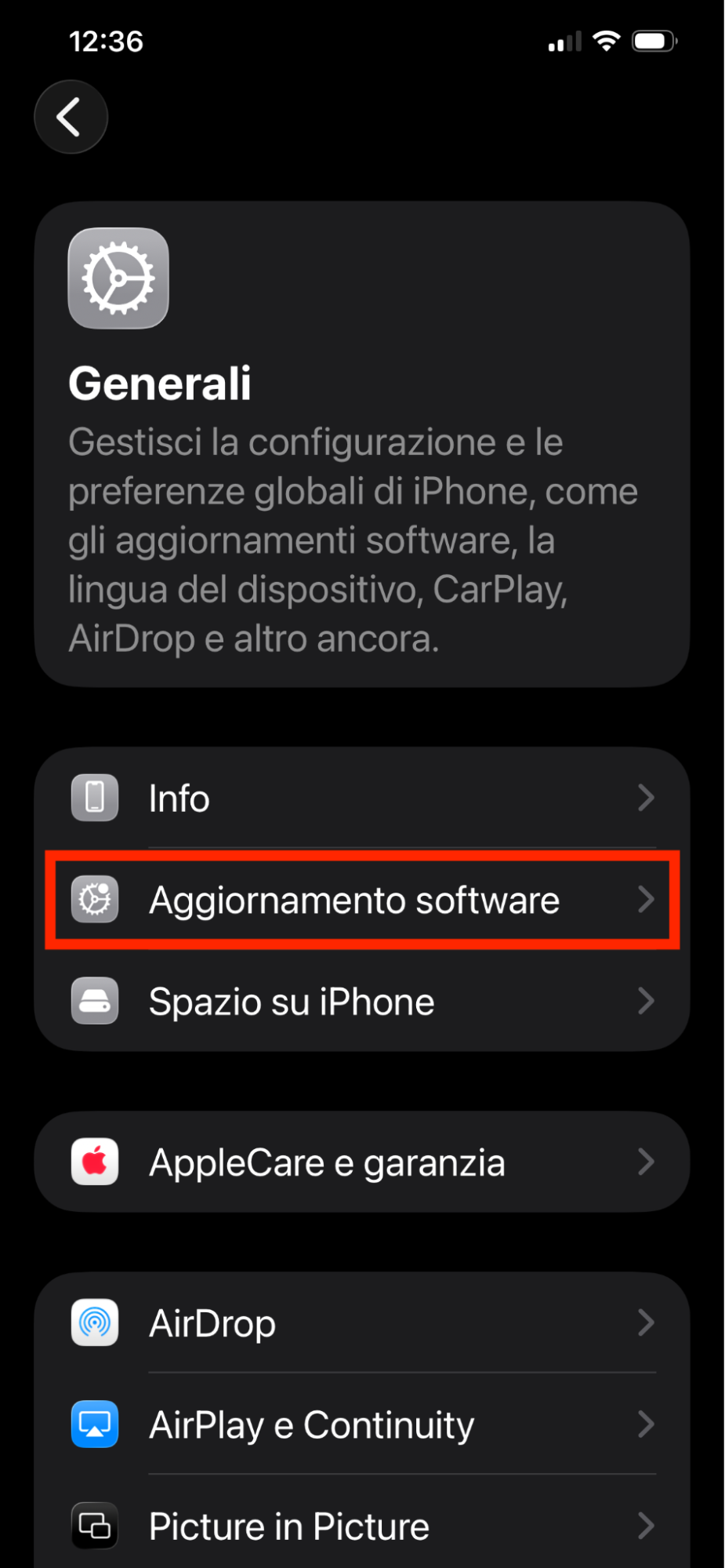 Il menu Generali dentro Impostazioni su iPhone. Tocca Aggiornamento Software per aggiornare iOS.