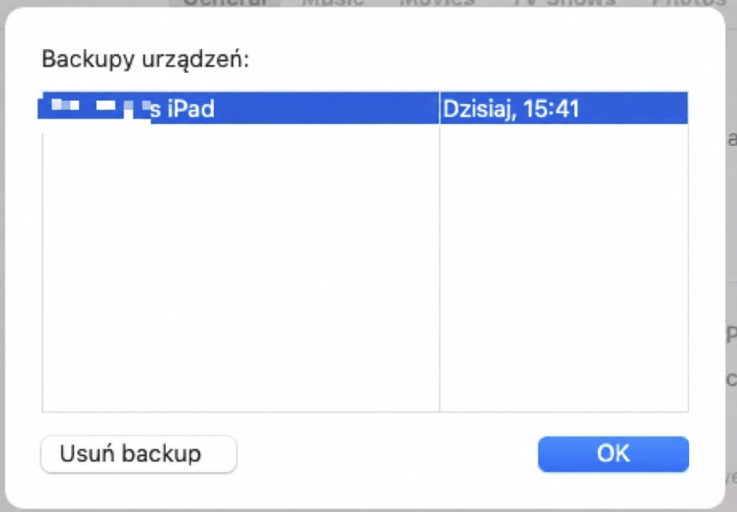 W wyskakującym oknie wybierz odpowiednią kopię zapasową iOS i kliknij przycisk Usuń backup