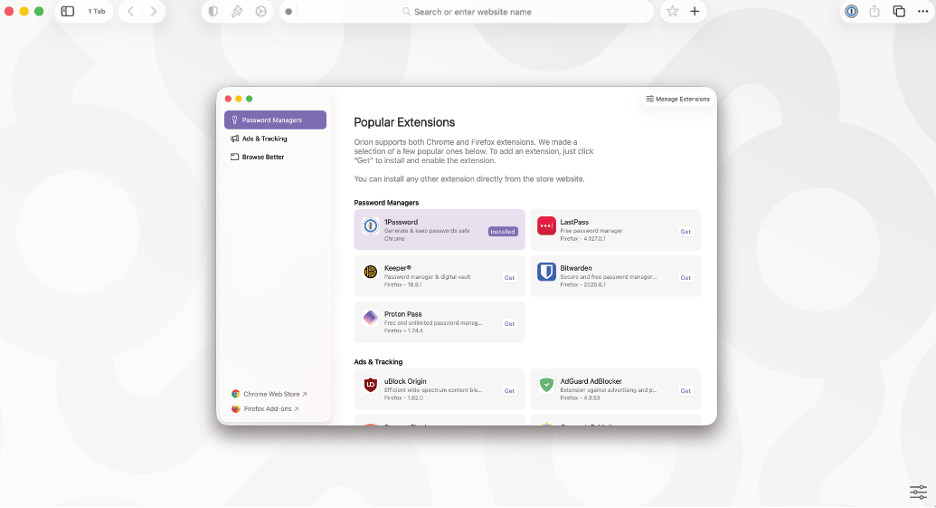 Orion Browser is a reliable and interesting choice for Mac users. It includes native support for WebExtensions and built-in ad blocking enabled by default.