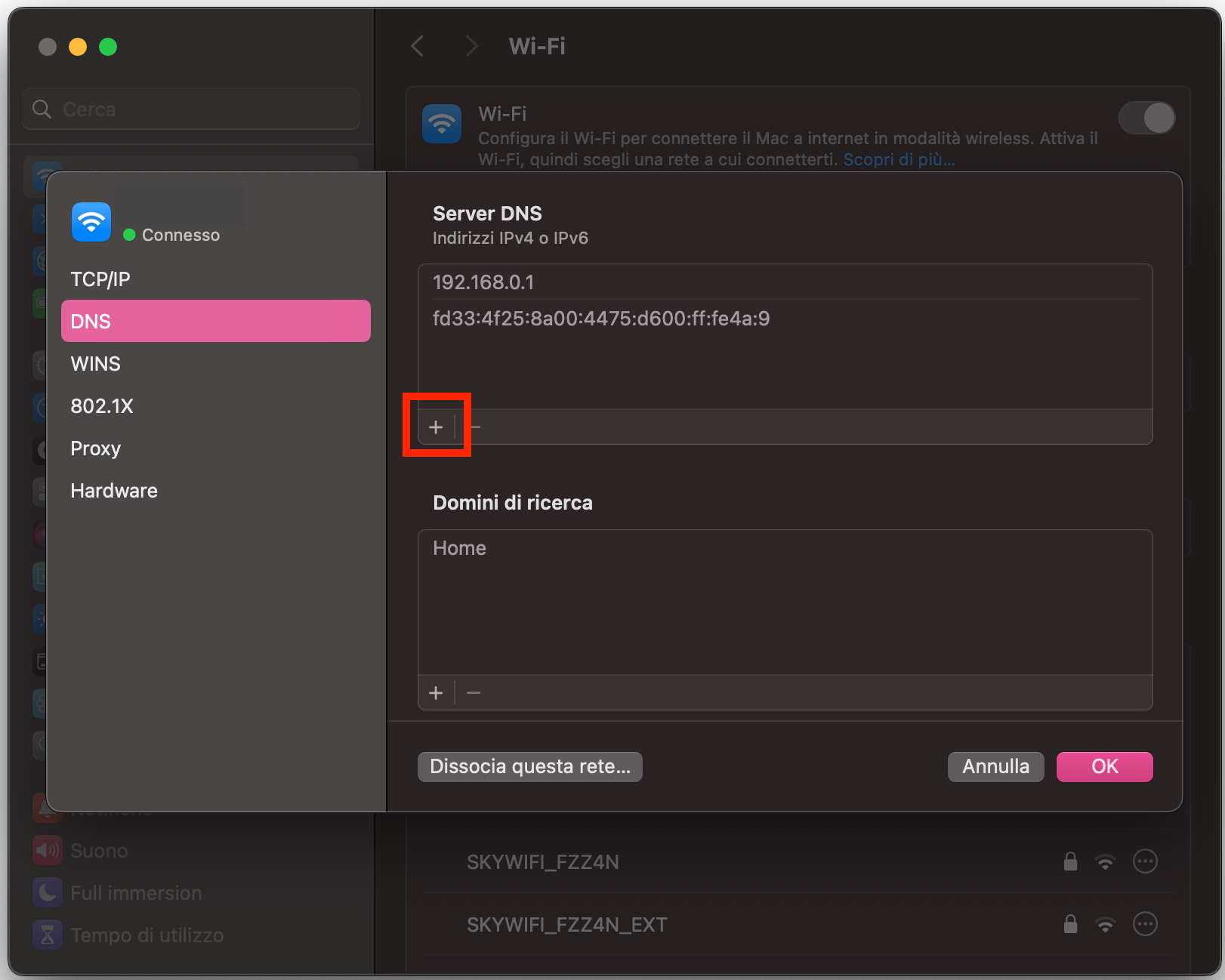 I problemen di FaceTime legati al DNS potrebbero essere la causa del malfunzionamento. Vai in Preferenze di Sistema, seleziona Rete, fai clic su Wi-Fi, poi su Avanzate e infine su DNS. Per aggiungere un nuovo server, fai clic sul segno più. Fai clic su OK per applicare le modifiche, quindi riavvia il Mac.