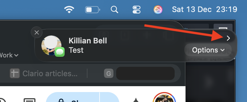 An iMessage notification banner on Mac. To silence a specific app, click the arrow within the notification banner, then select how long you want to snooze it for, or turn off notifications for the app completely.