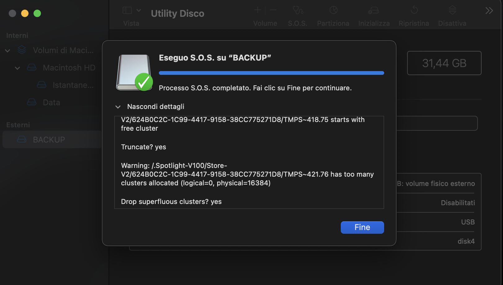 Quando la scansione di Utility Disco giunge al termine, fai clic sul pulsante Fine per completare il processo di risoluzione dei problemi su un Mac.