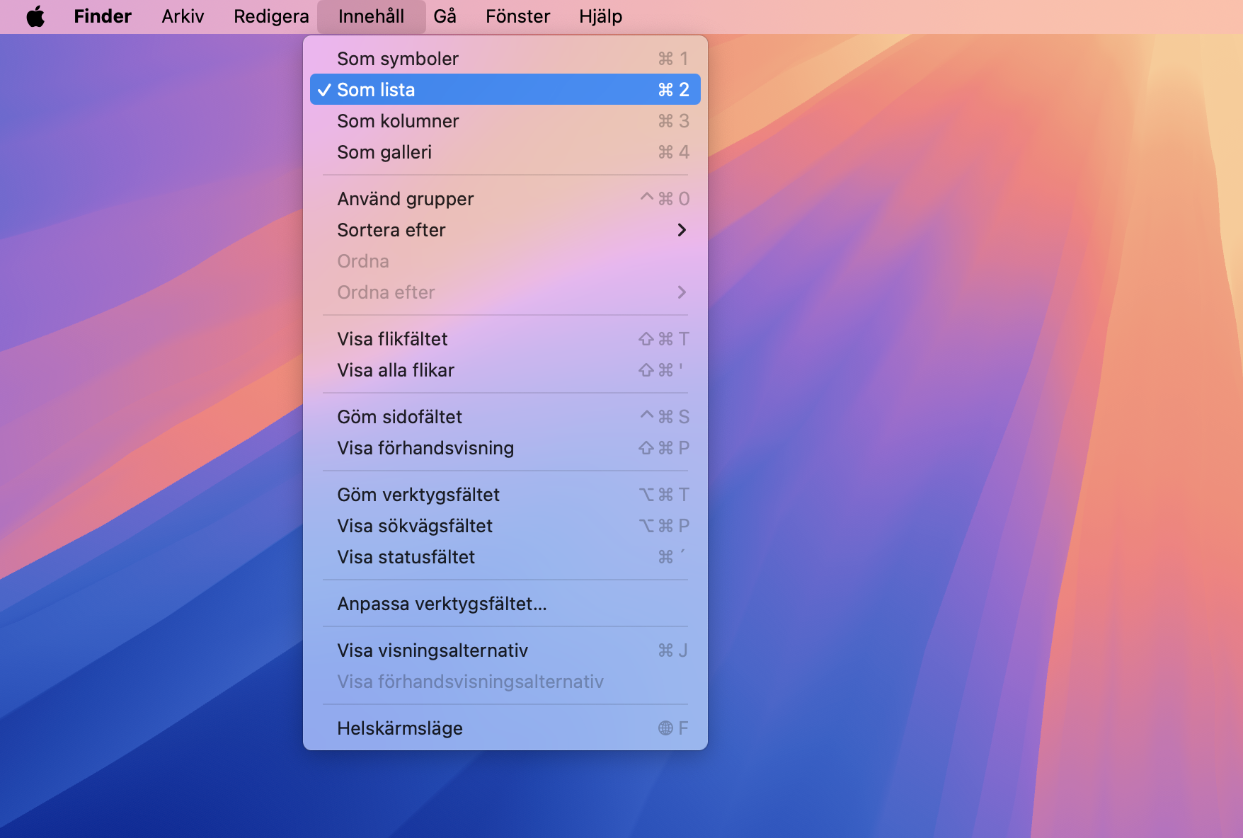 Menyn Innehåll i Finder på Mac. För att sortera dina filer efter storlek så att du kan frigöra diskutrymme på Mac. Välj först Som lista.